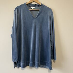 J Jill PureJill Top Womens XL Blue  Velour Velvet Tunic Side Slit V Neck Soft